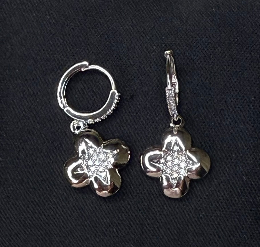 Sterling Silver Dipped Cubic Zirconia Flower Hoop Earrings