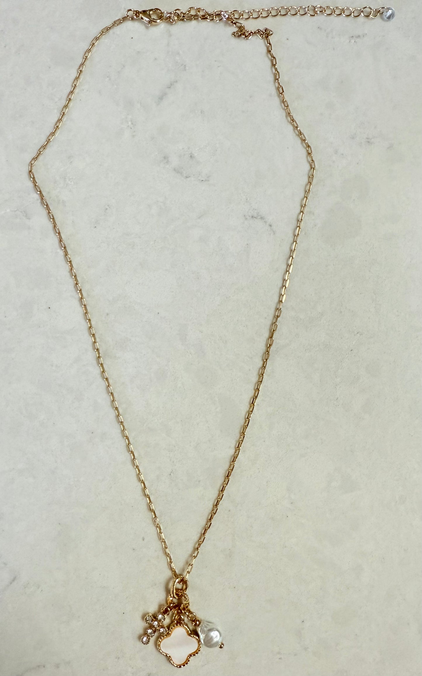 Clover Necklace Accented With A cross and Pearl