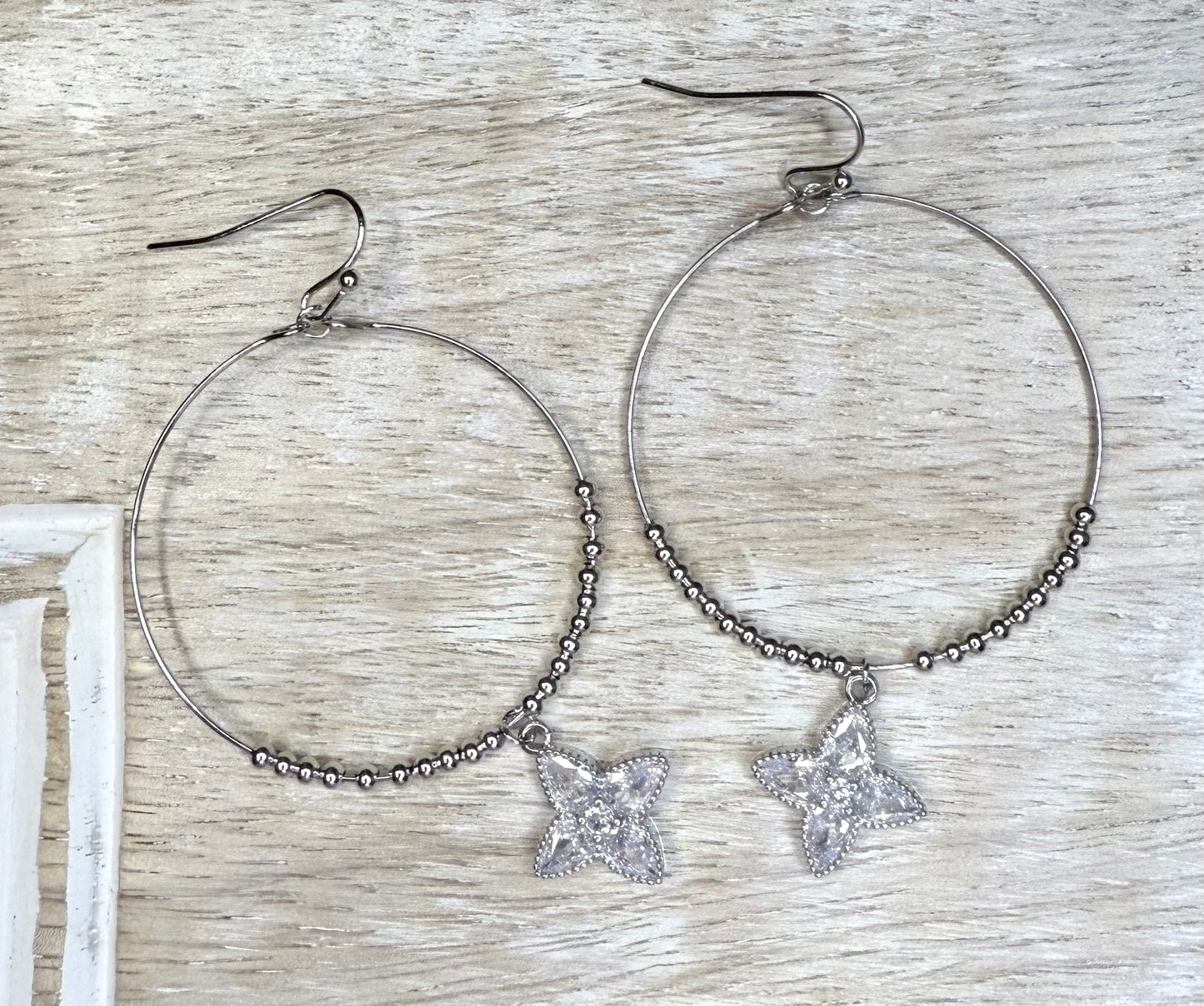 Star Like Dangle Hoop Silver Earrings