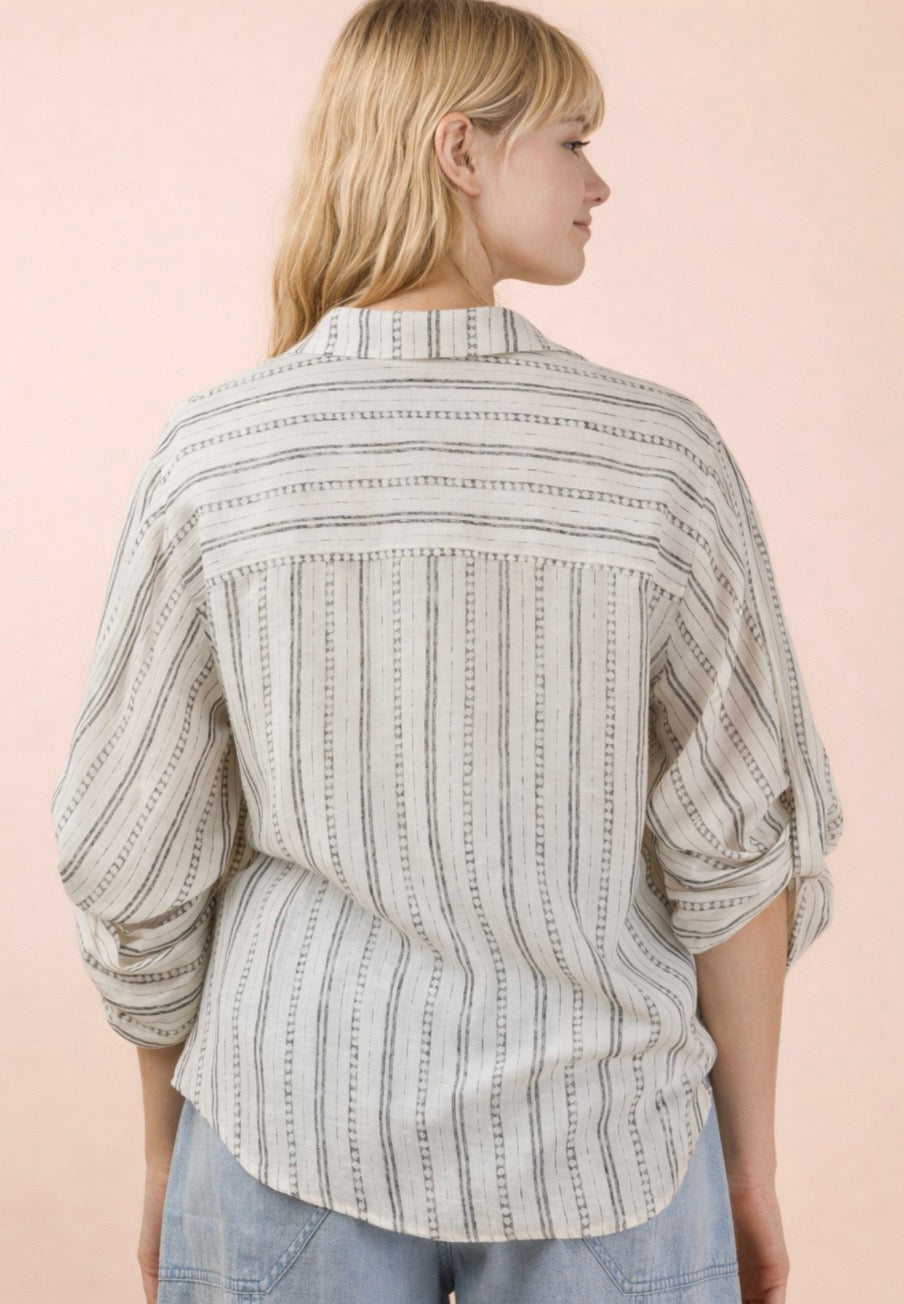 Roll up Half Sleeve Black and White Stripe Blouse Top