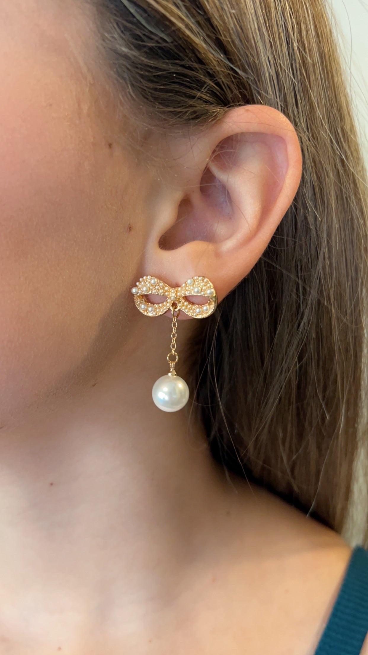 Gold Bow Earings with a Dangling Pearl