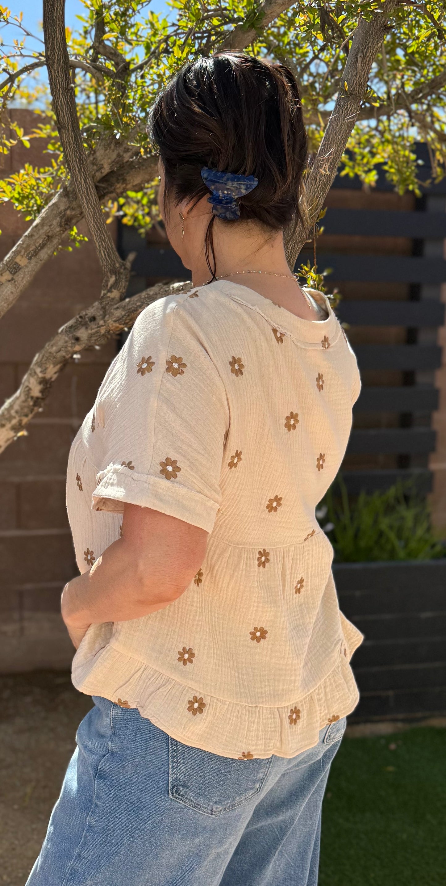 Flower Embroidered Woven Blouse Top
