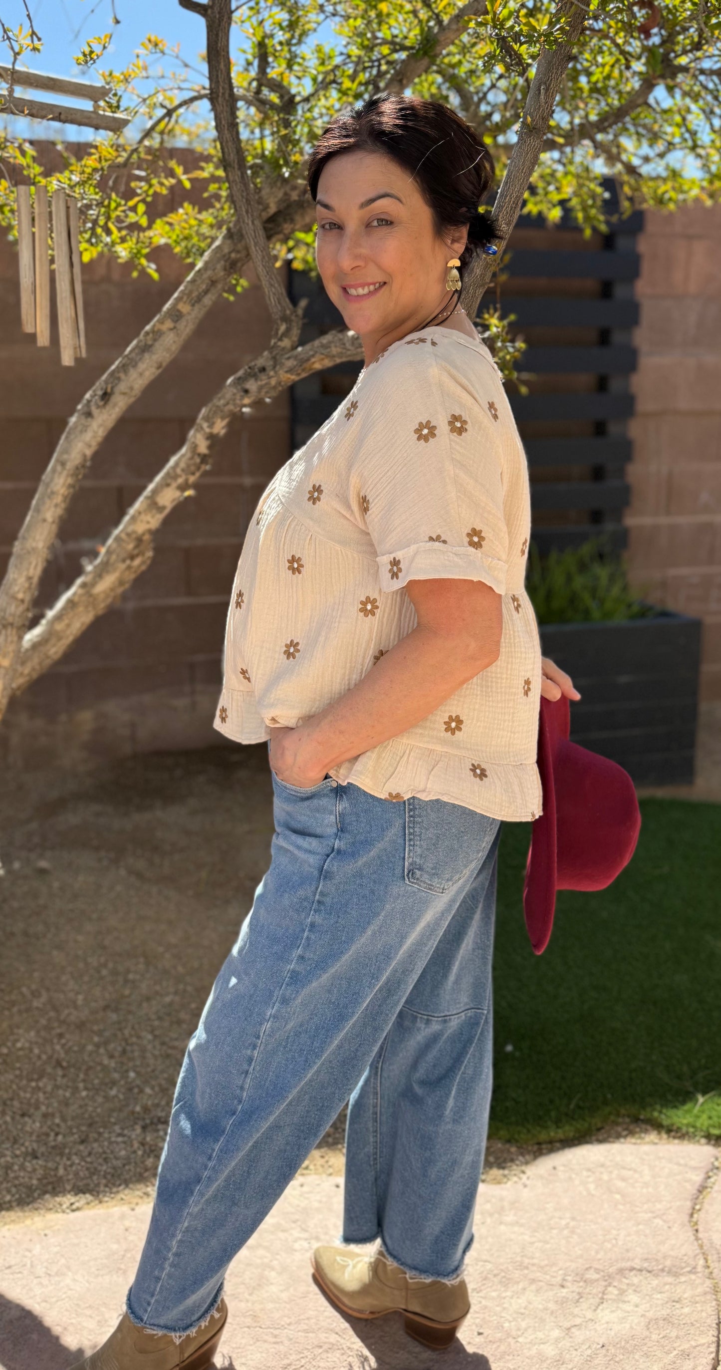 Flower Embroidered Woven Blouse Top