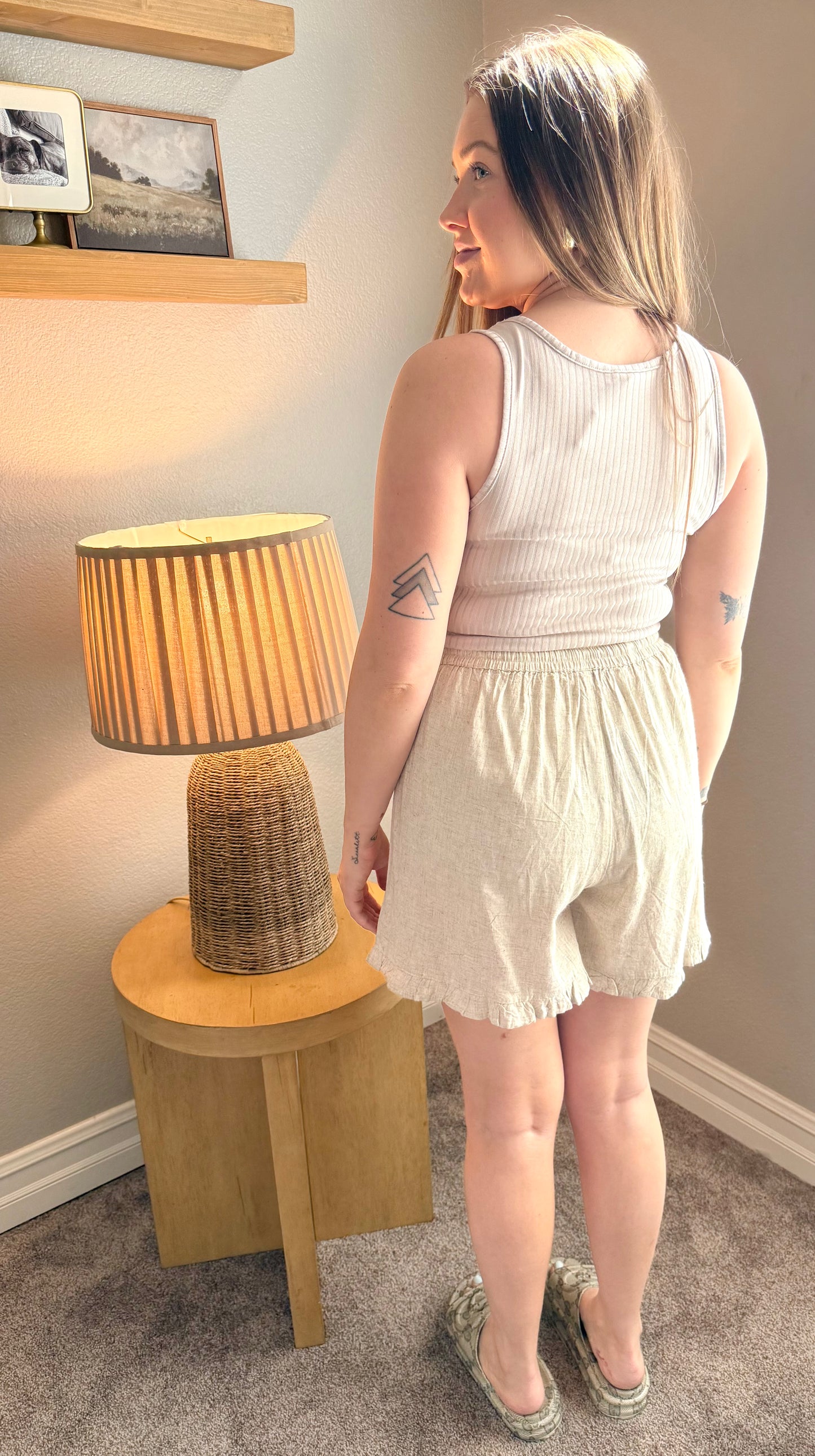 Natural Linen Shorts with Ruffles