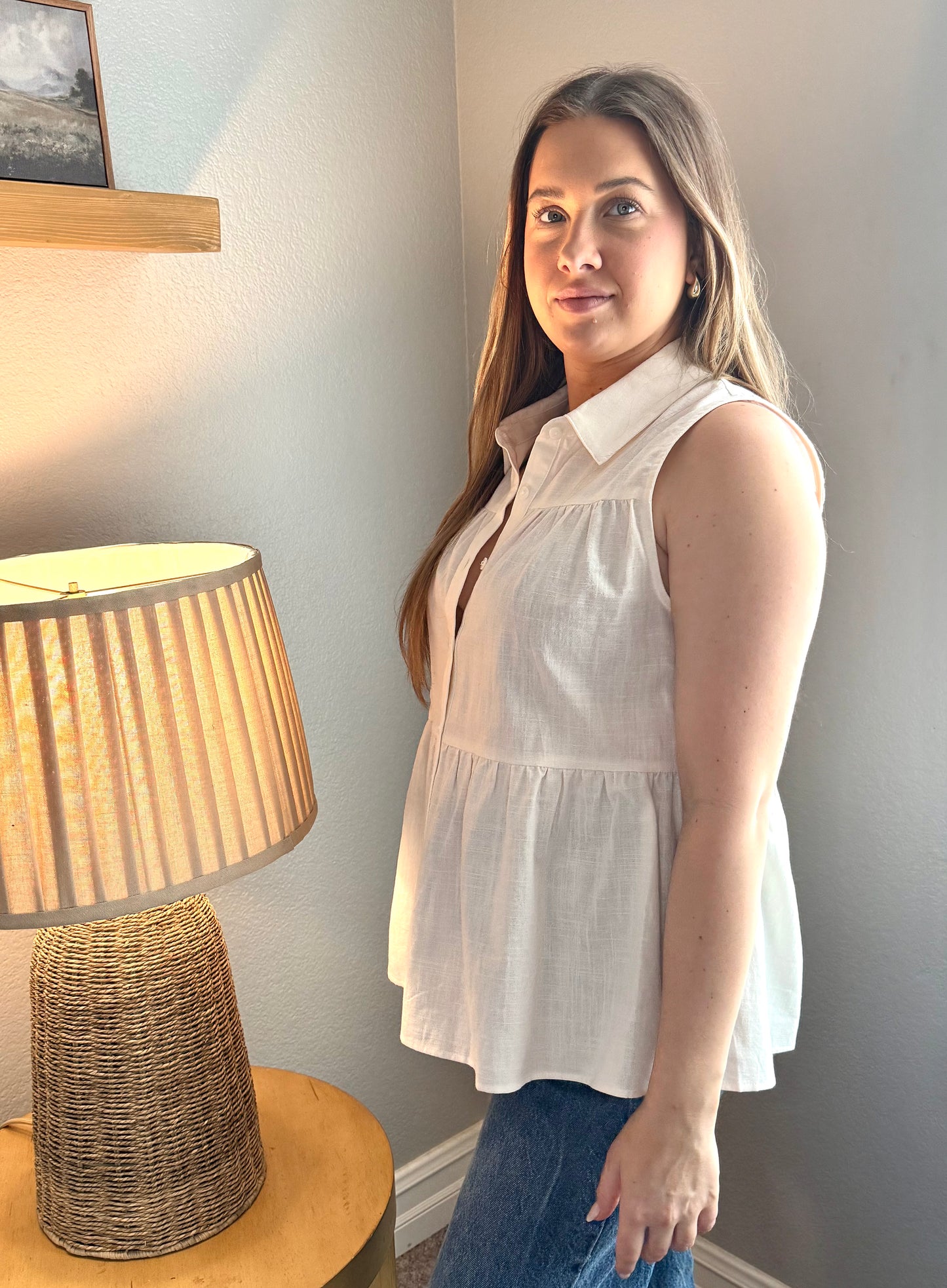 Peplum Sleeveless White Button Up Shirt