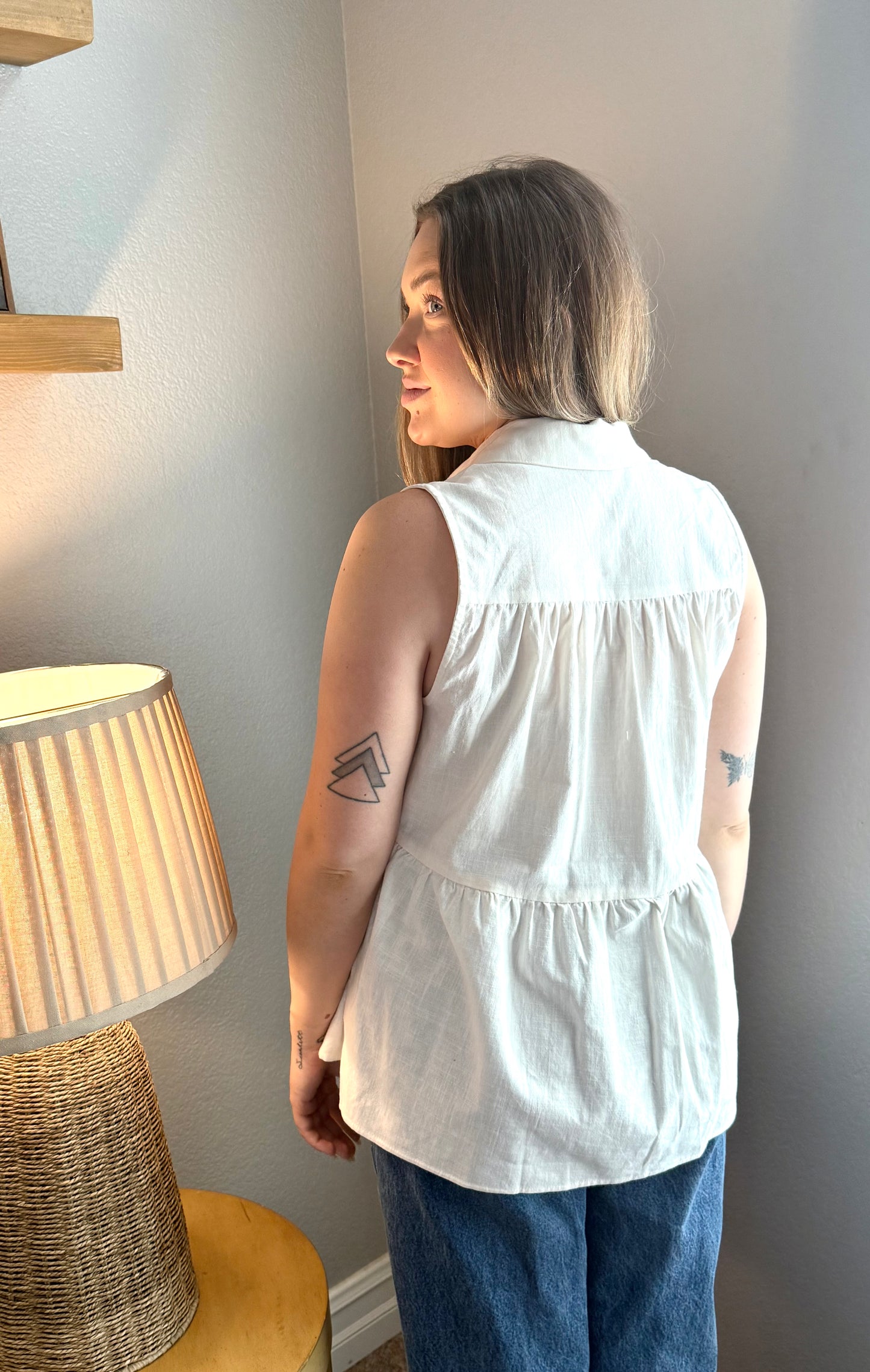 Peplum Sleeveless White Button Up Shirt