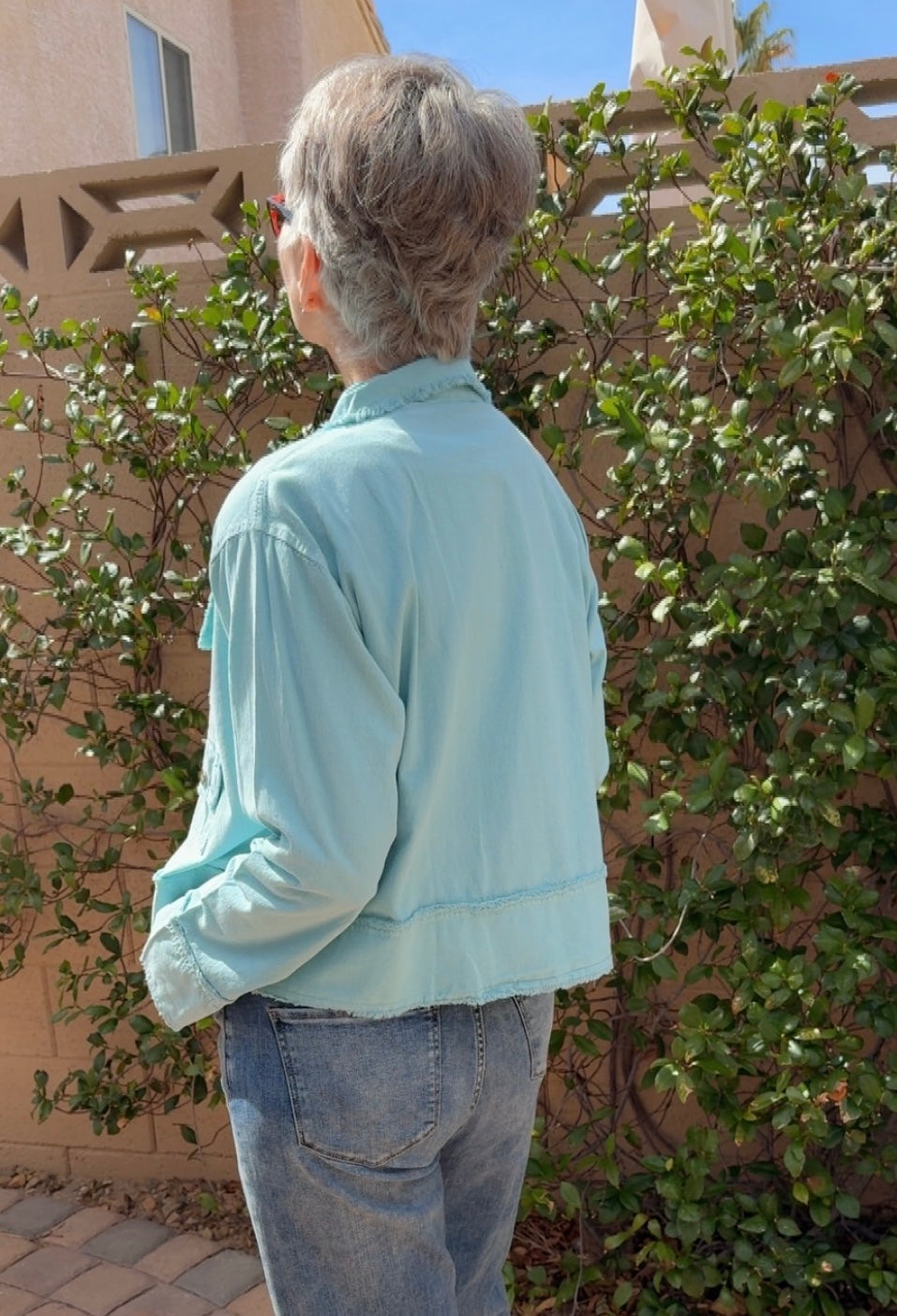 Frayed Accent Aqua Colored Jacket