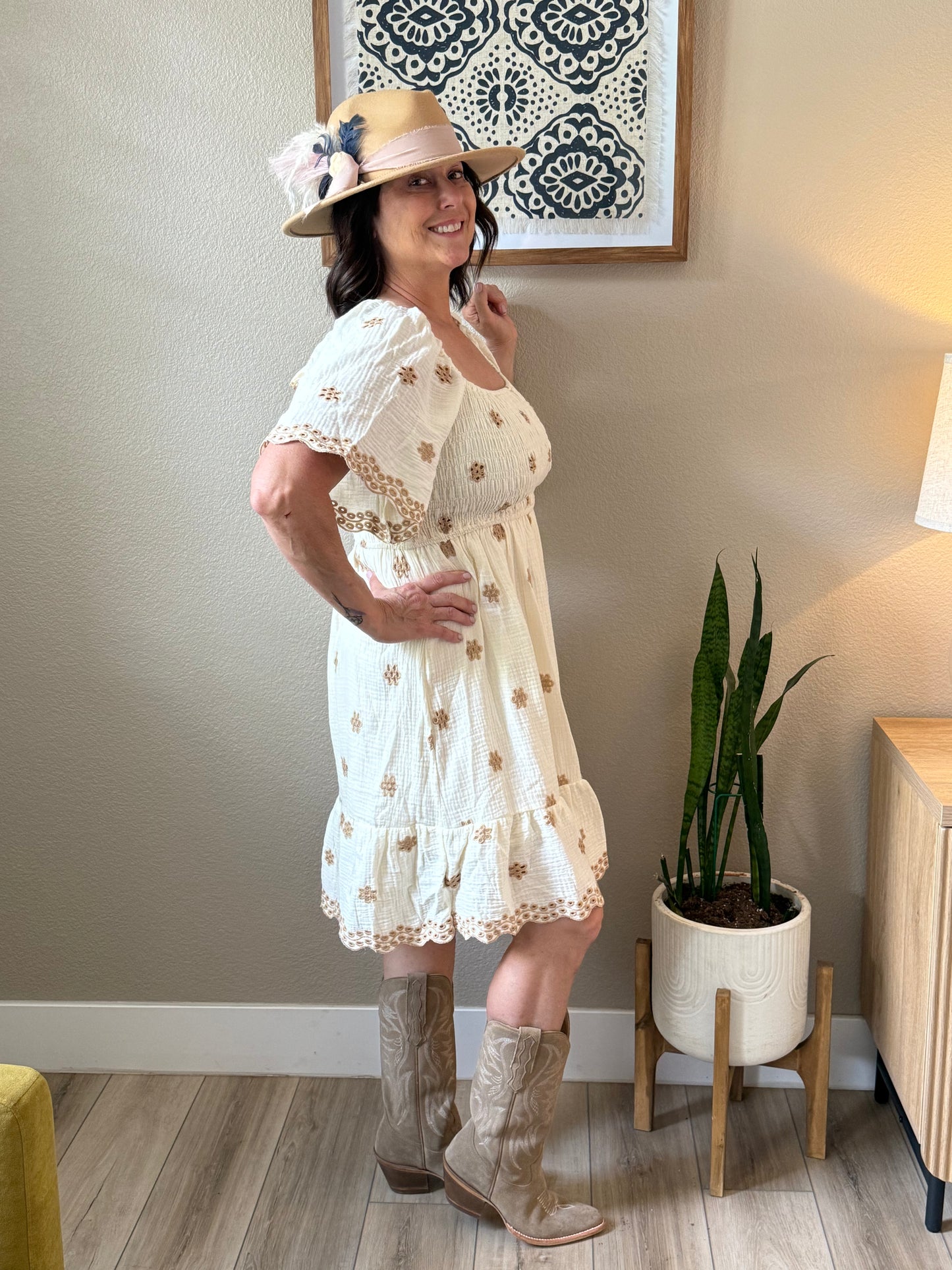 Ebroidered Floral Cotton Gauze Dress