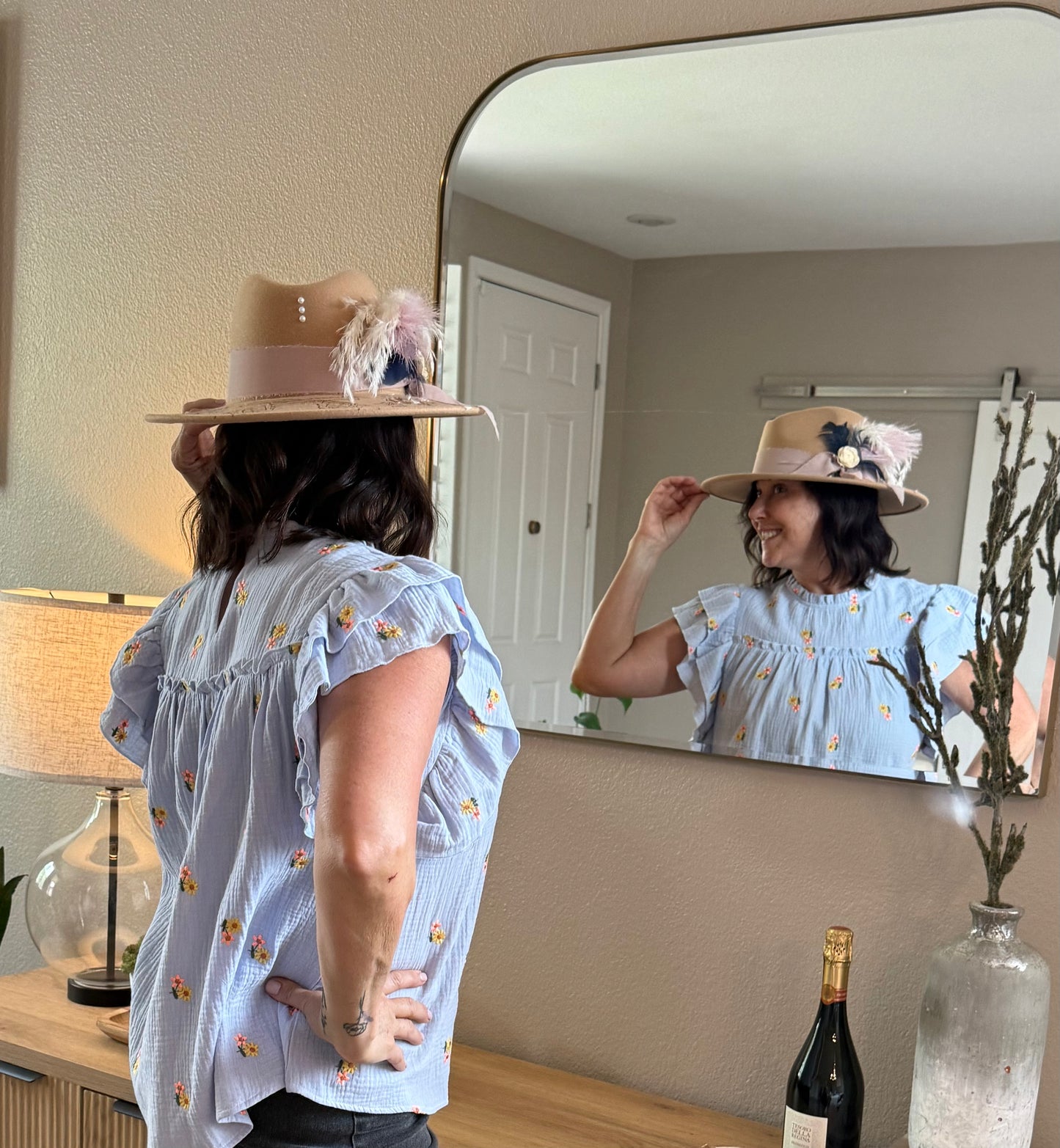 Embroidered Ruffle Sleeve Blue Top
