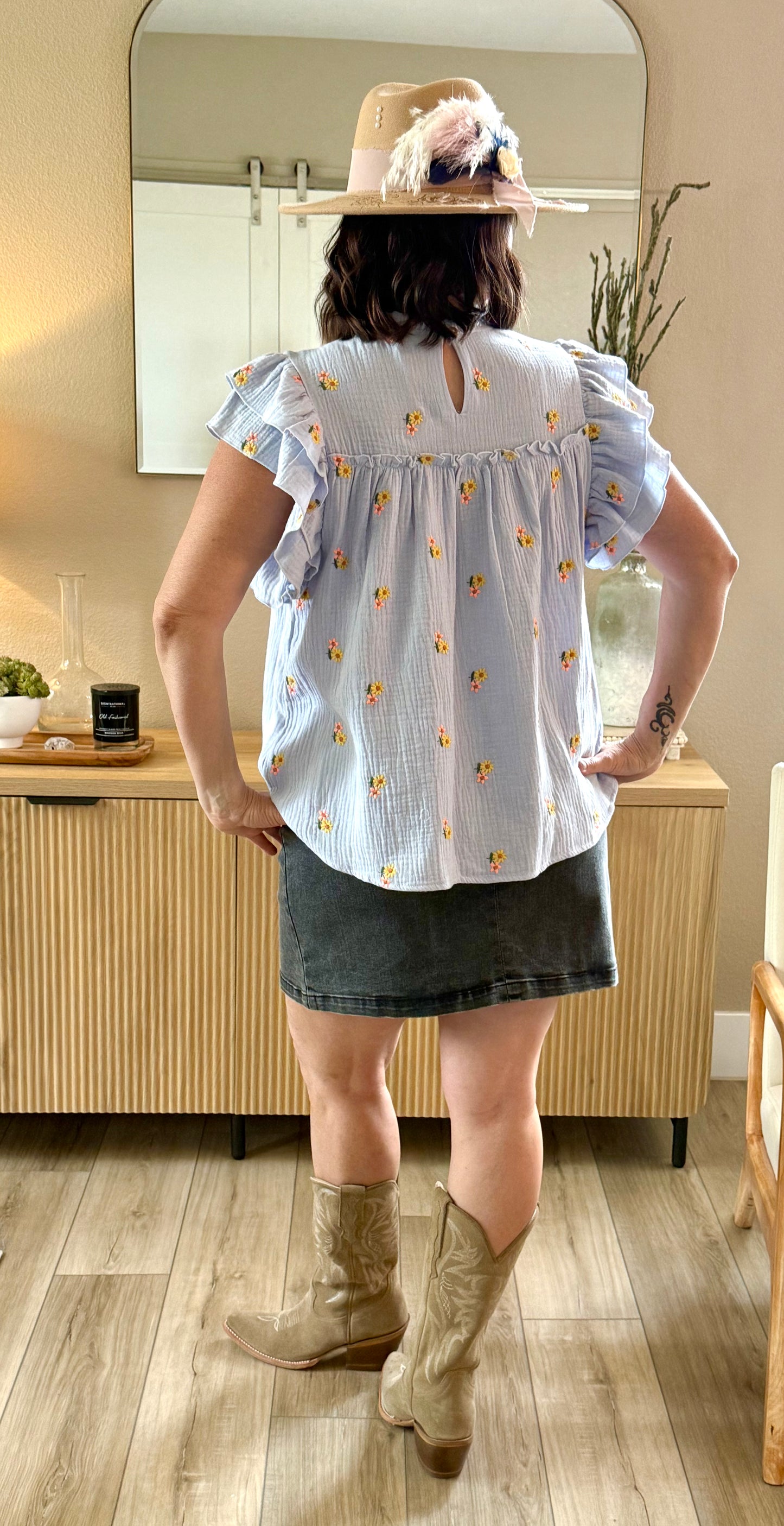 Embroidered Ruffle Sleeve Blue Top