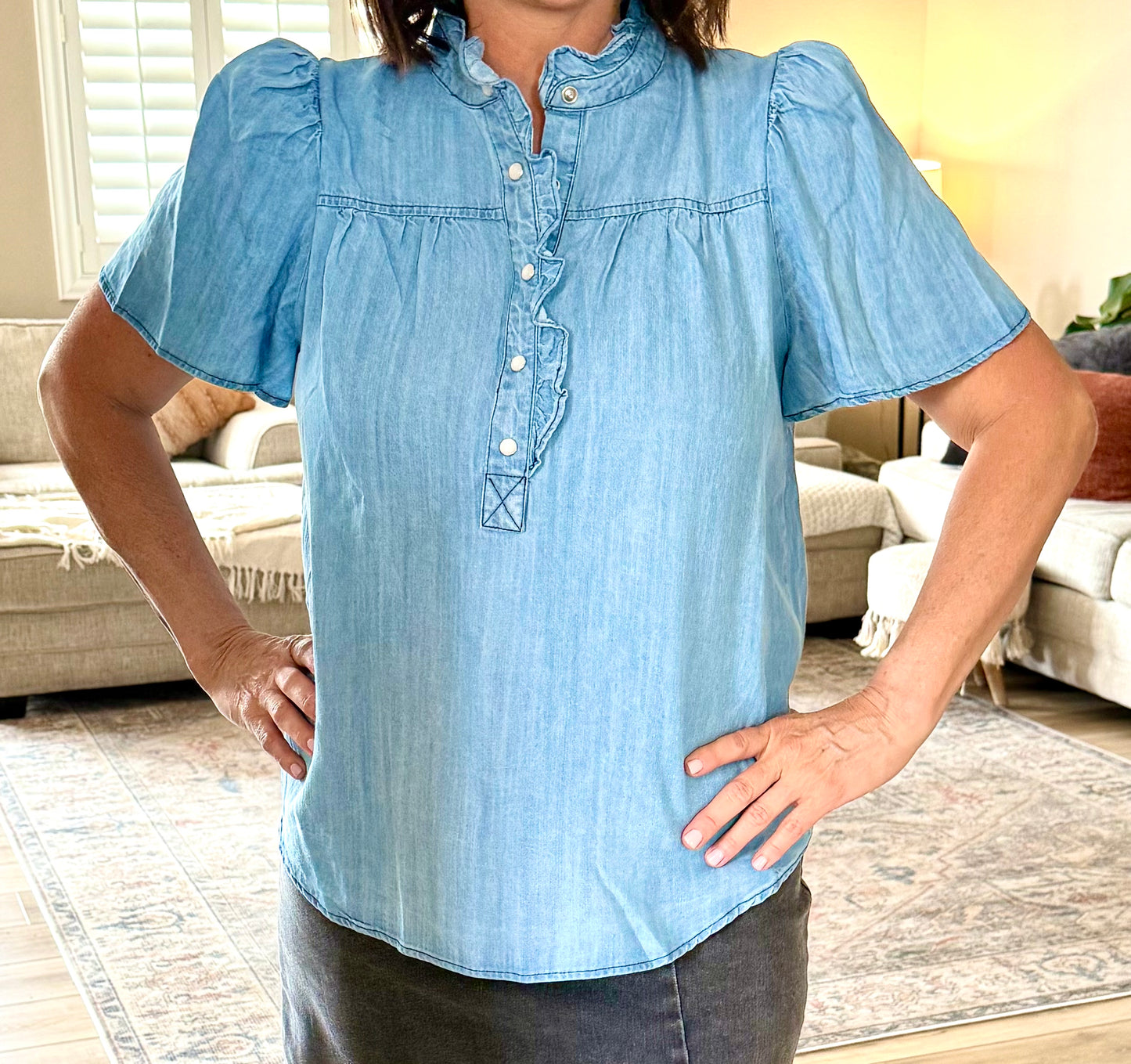 Washed Chambray Button Down Top