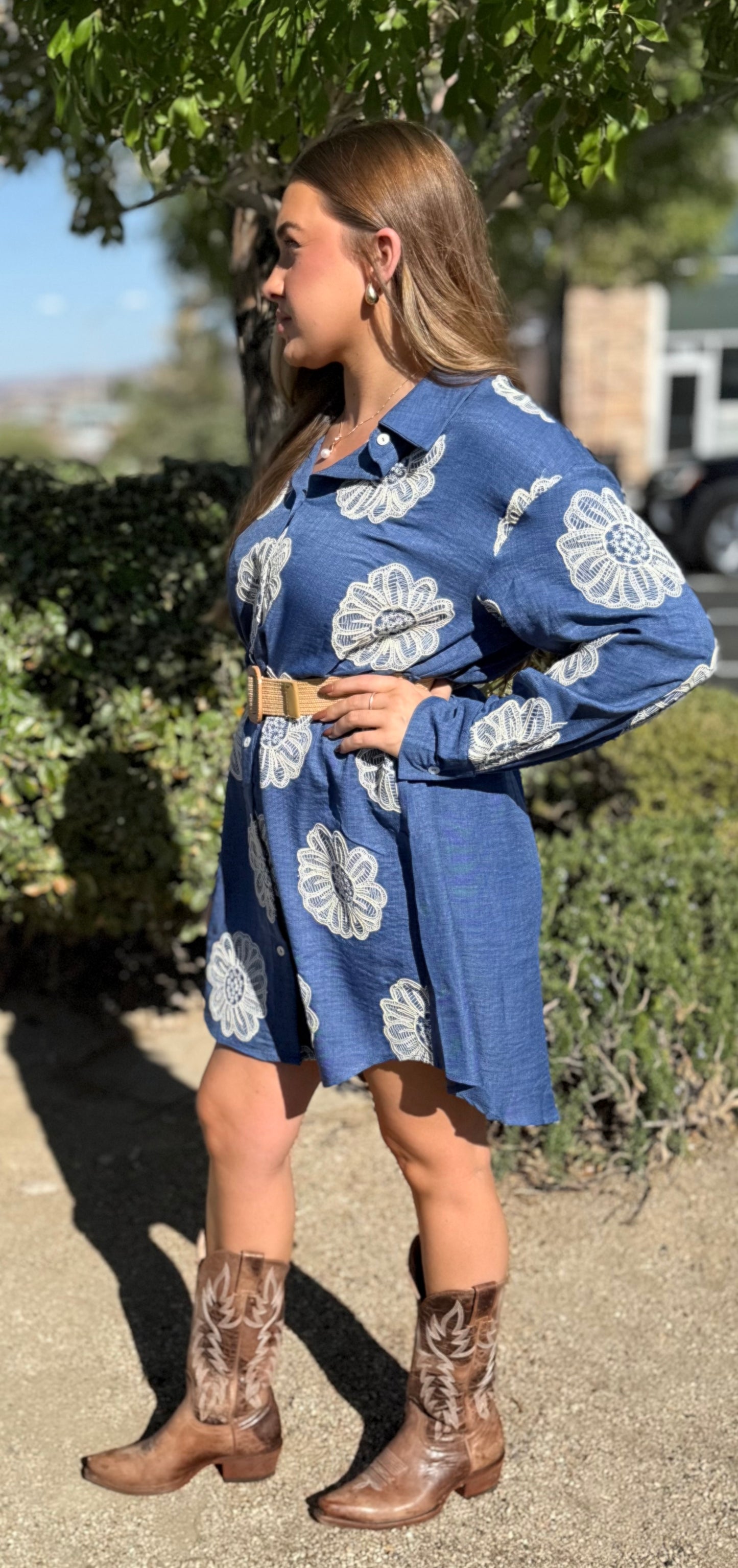 Floral Embroidered Belted Cotton Blend Midi Shirt Dress