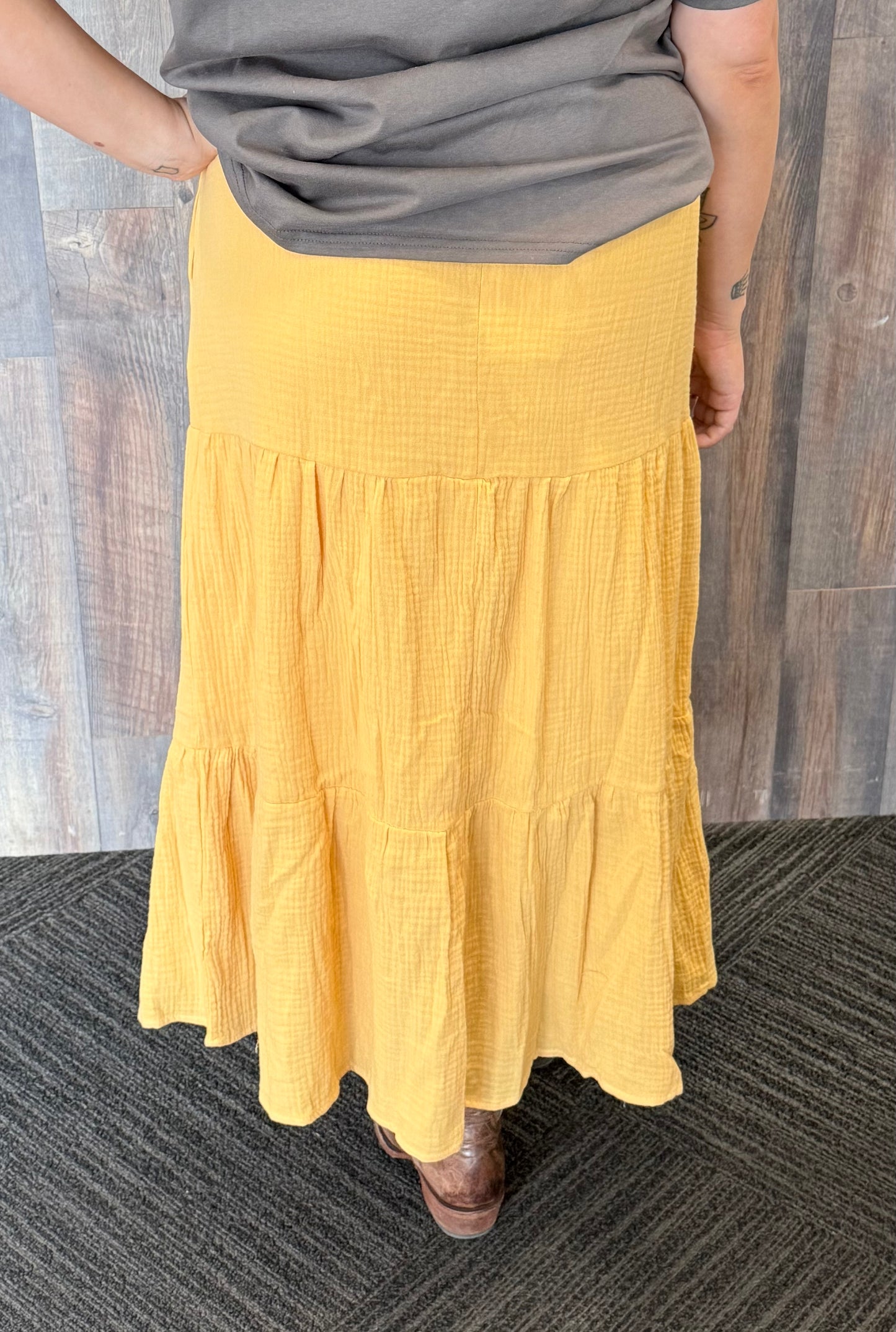 Elastic Waist Tiered Gauze Maxi Skirt