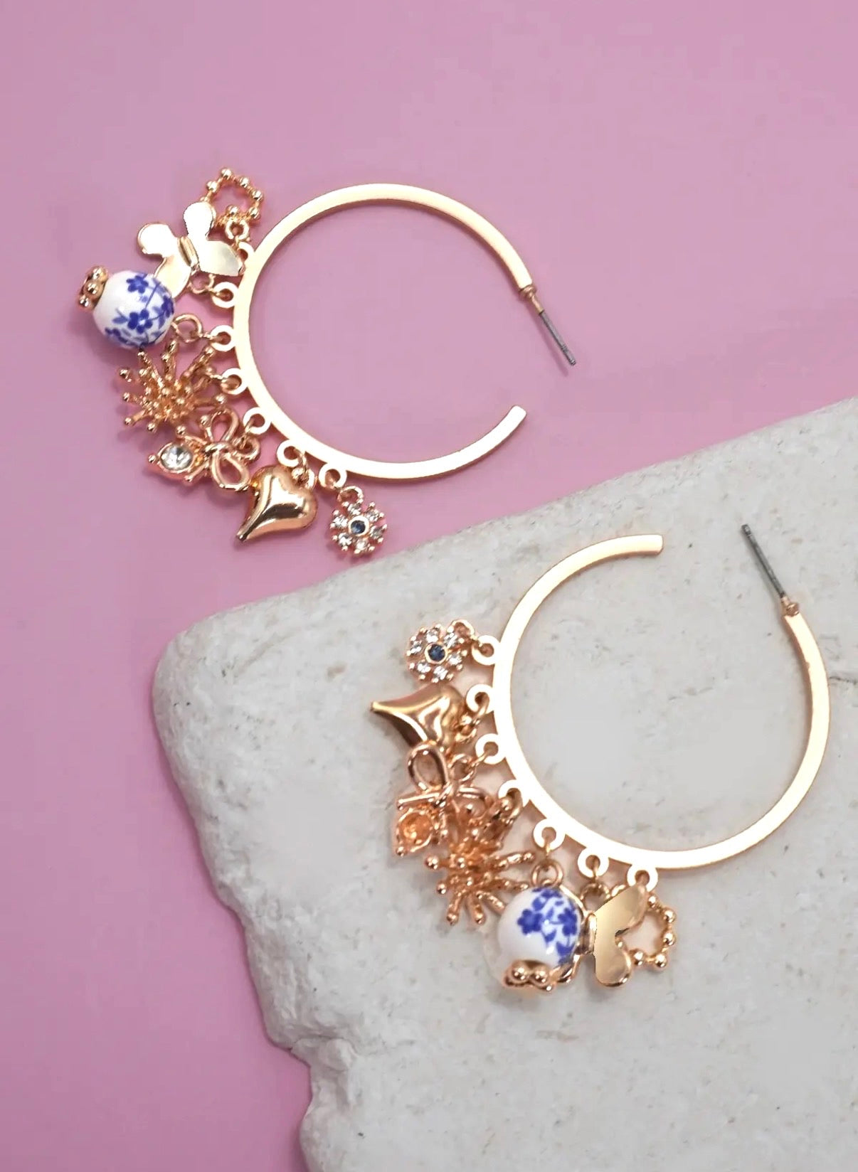 Blue Ceramic Porcelain Multi Charm Hoop Earrings