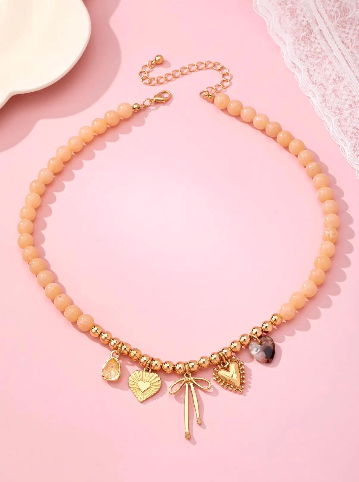 Beige Beaded Bow Heart Rhinestone Charm Necklace