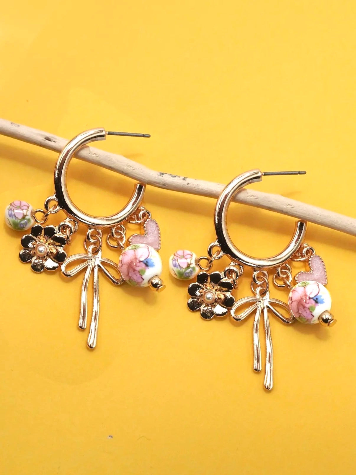 Ceramic Porcelain Bow Flower Charm Drop Hoop