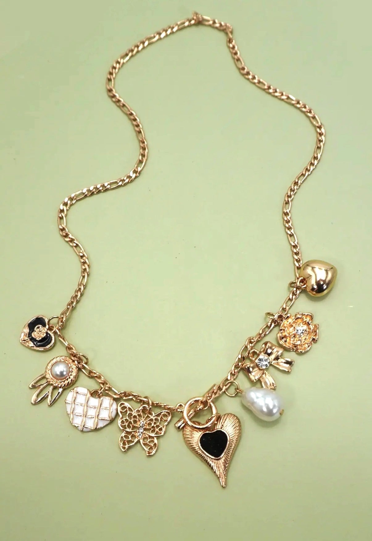 Heart, Bow & Pearl Charm Necklace