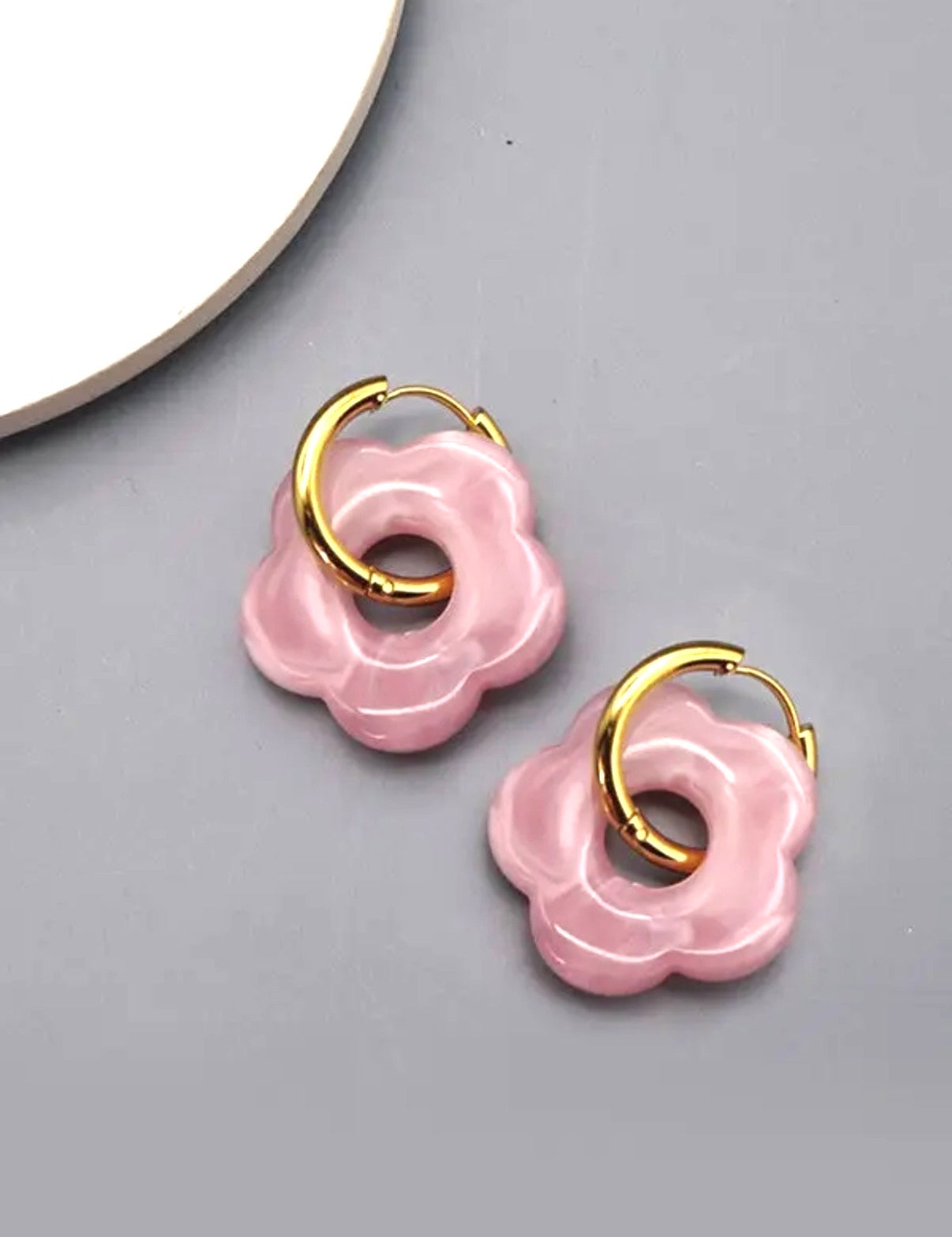Blue or Pink Flower Charm Huggie Hoop Earrings