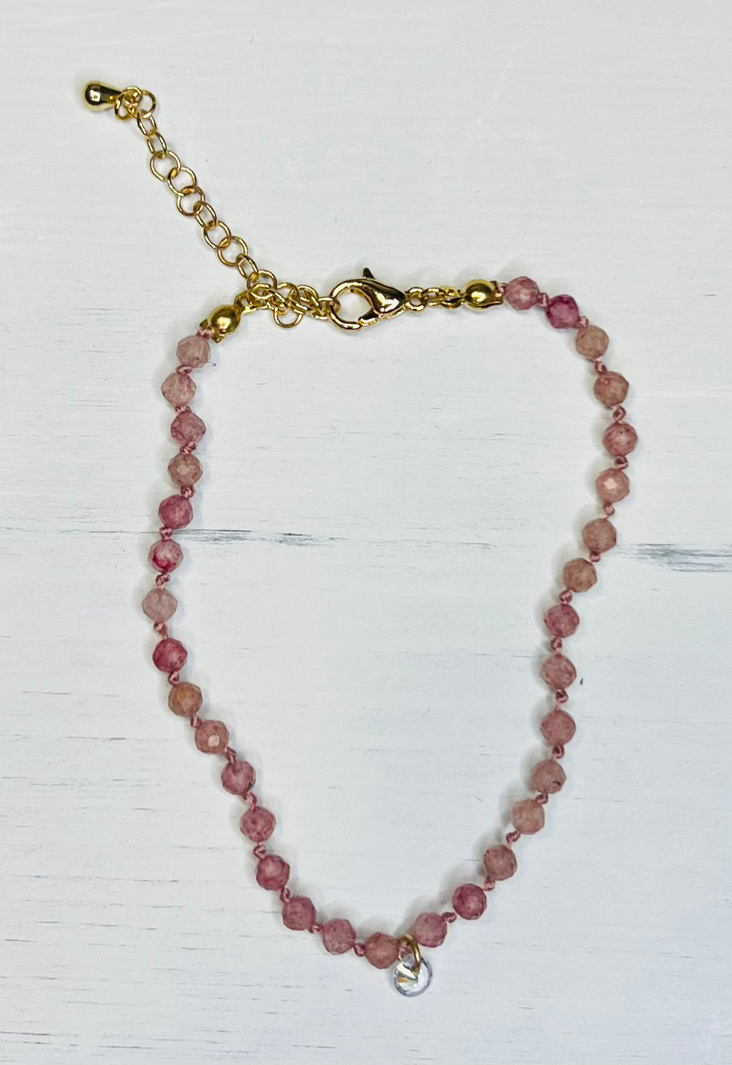 Pink Glass Crystal Bracelet with a Dangling Crystal