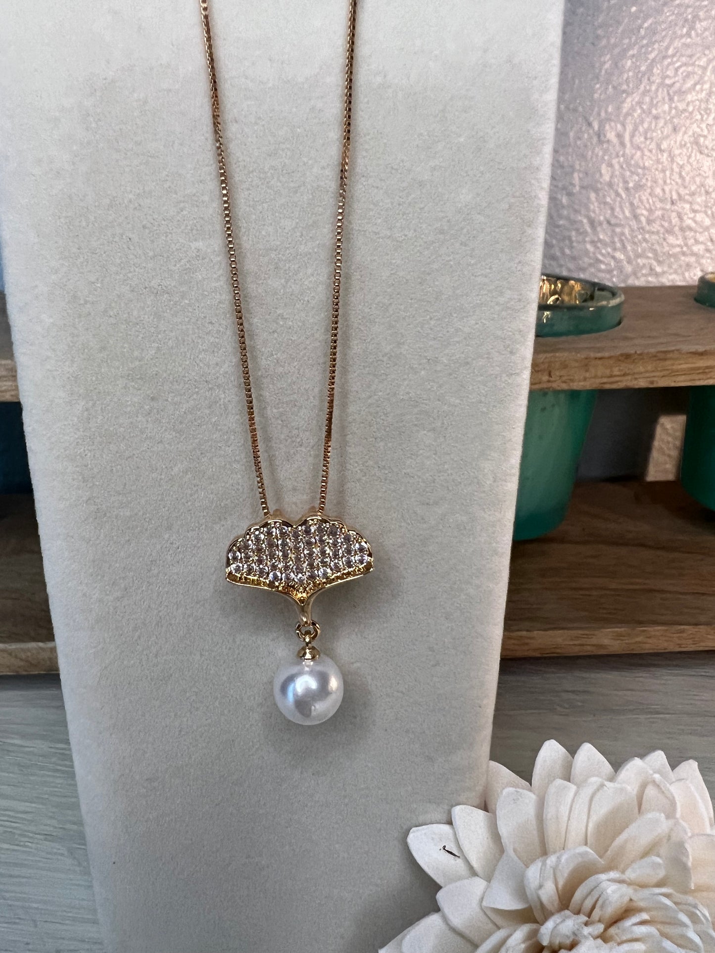 Gold Pave Stone Pearl Drop Necklace