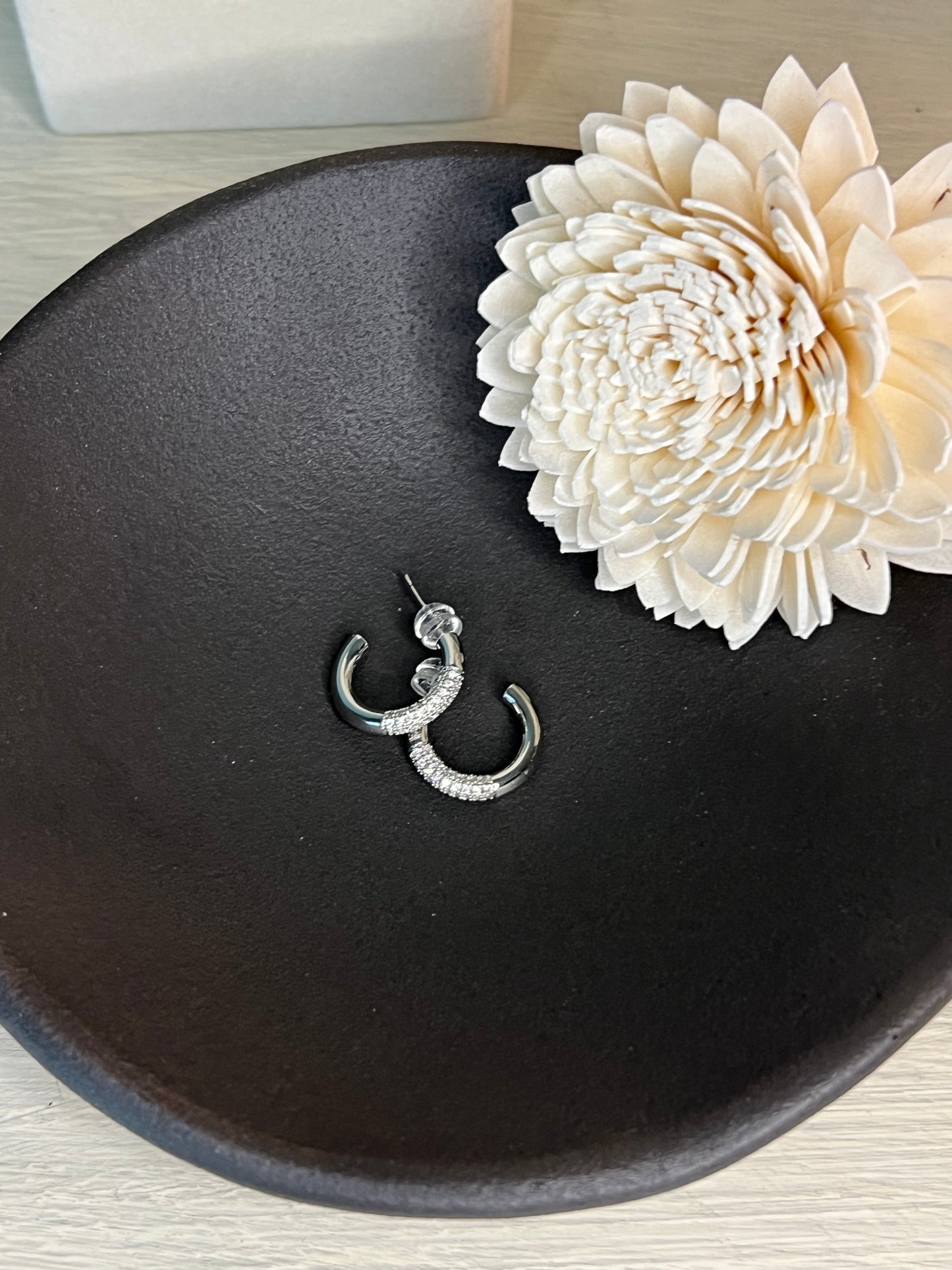 White Gold Dipped Silver Hoop Earrings w/Bling