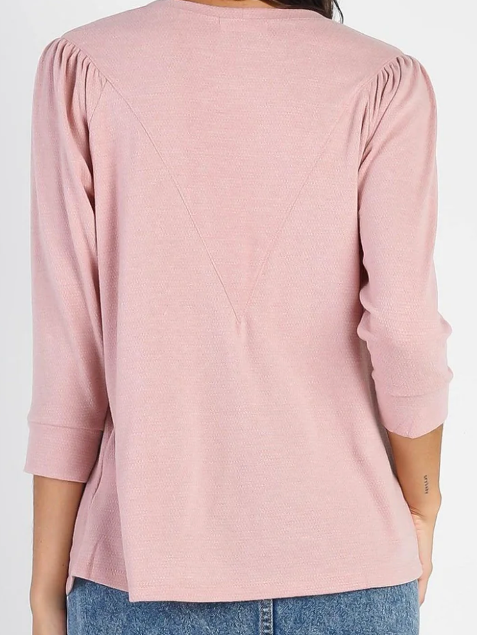 Pink Ruffle Midi Sleeve Textured Knit Top