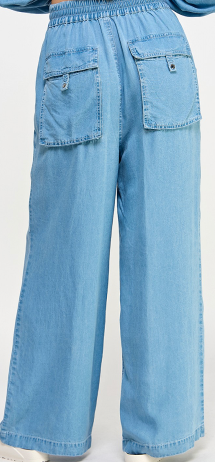 Wide Legged Jean Pant Set With A Cropped Button- Up Top