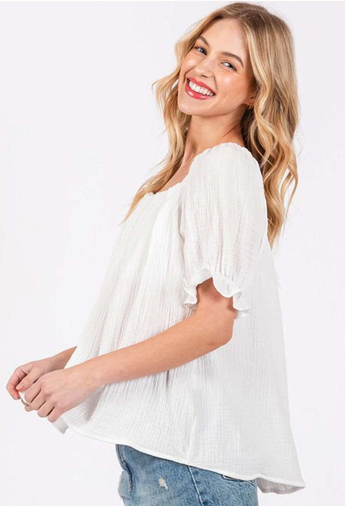 Short Puff Sleeve Tunic Blouse