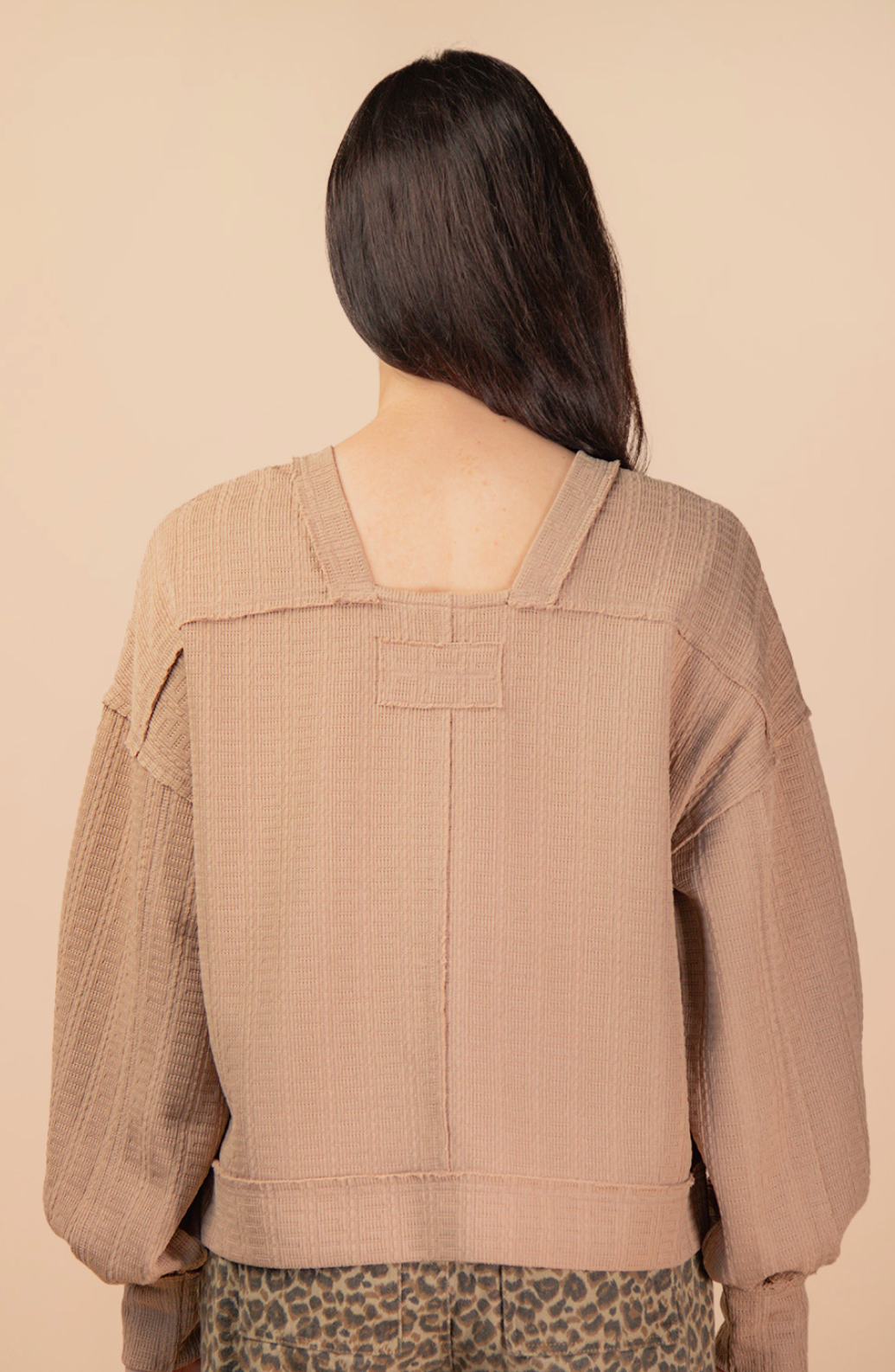 Raw Edge Oversized Taupe Textured Knit Top