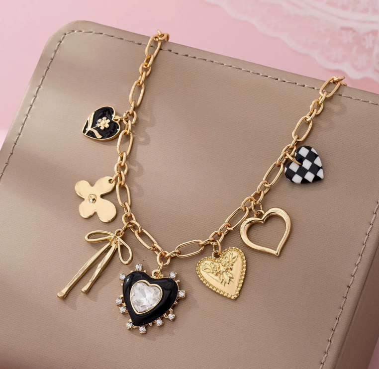 Charm Necklace-Bow Checker Heart Rhinestone