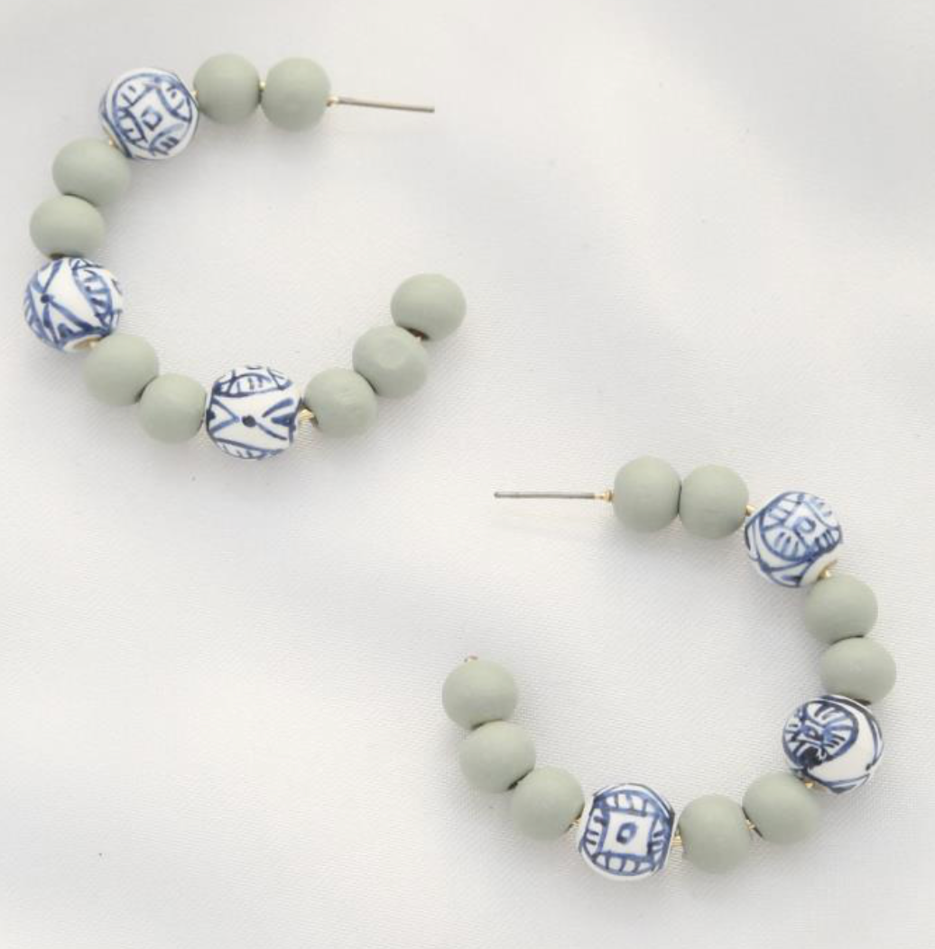 Wooden/Glass Beaded Open Hoop Earrings