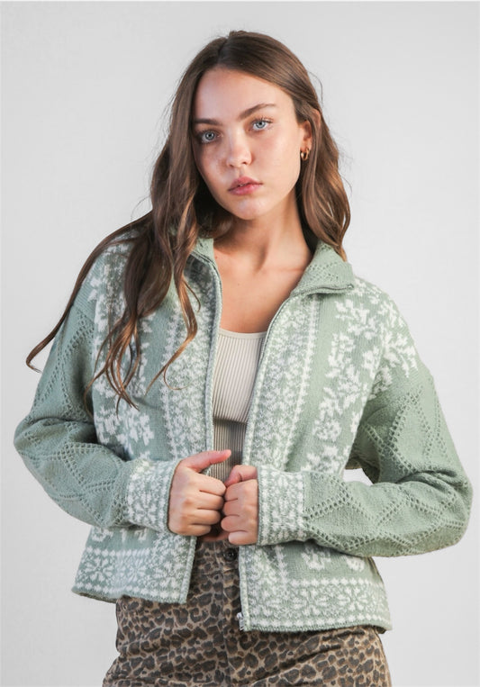 Graphic Knit Sweater Zip Up Cardigan