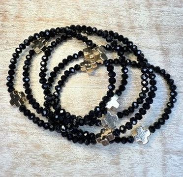 Black Stretchy Bracelet Set with Gold Crosses