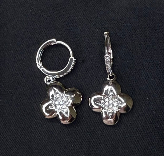 Sterling Silver Dipped Cubic Zirconia Flower Hoop Earrings