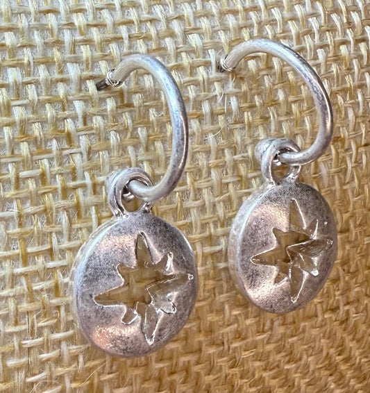 Silver Hoop Sunburst Charm Earrings