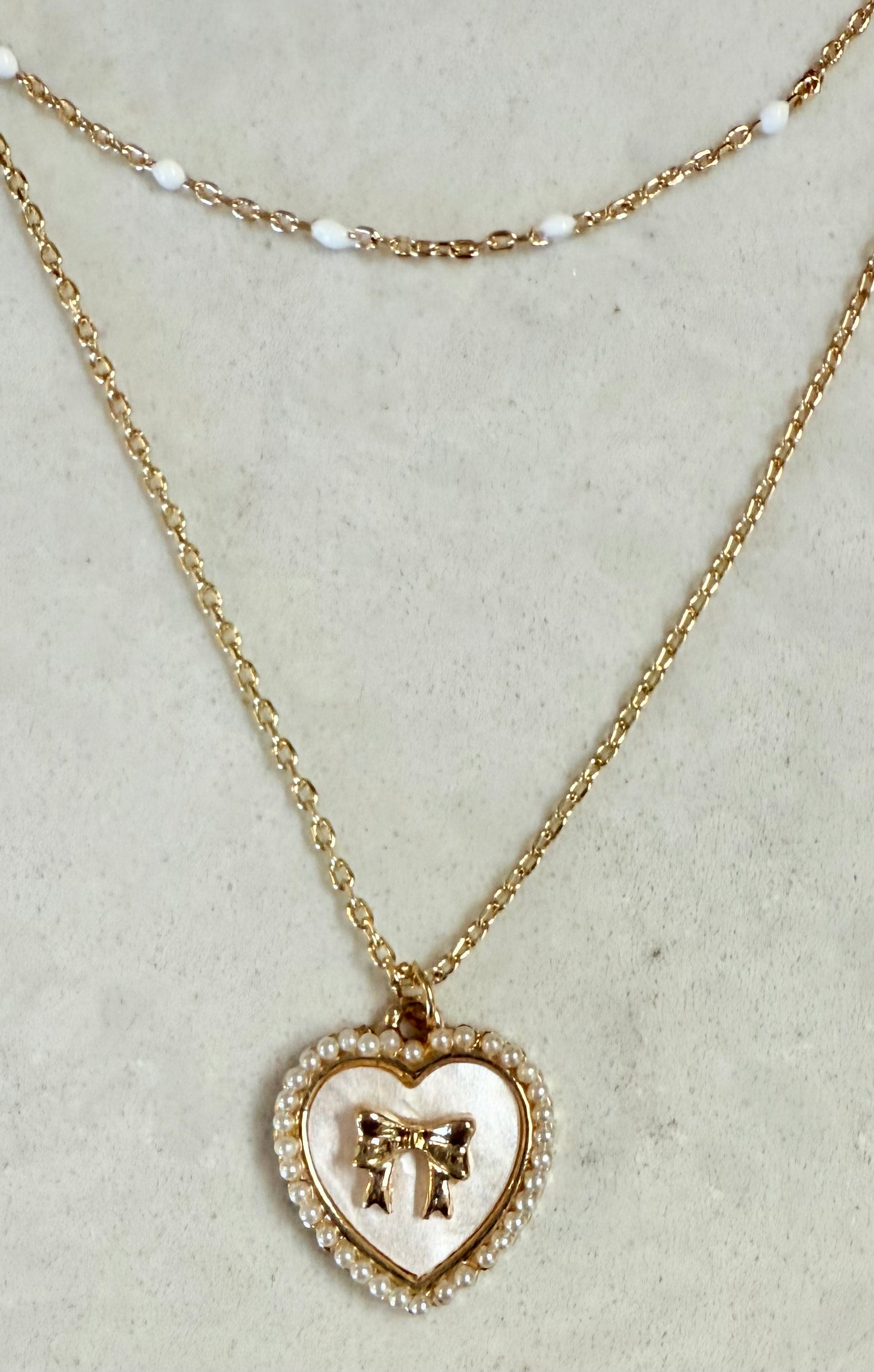 Heart Ribbon w/Bow Pendant Layered Necklace