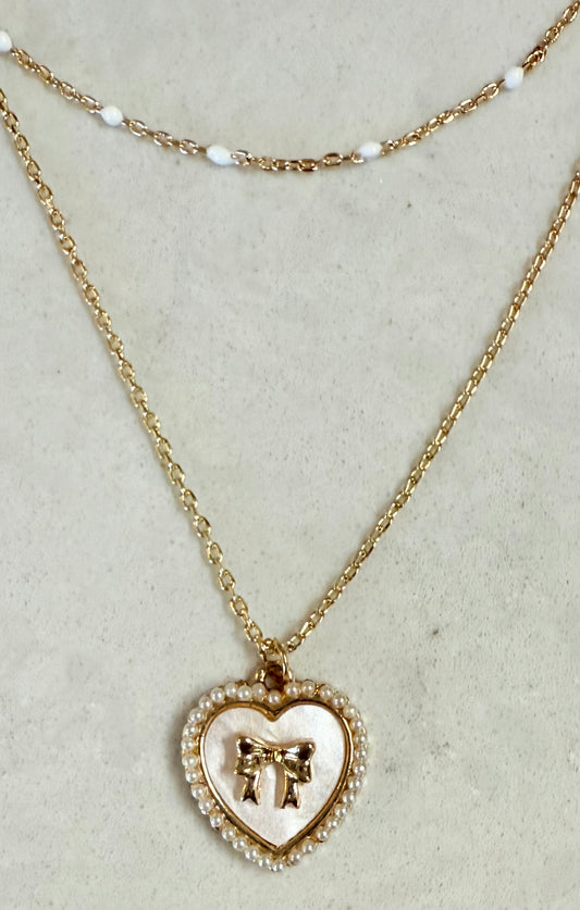 Heart Ribbon w/Bow Pendant Layered Necklace