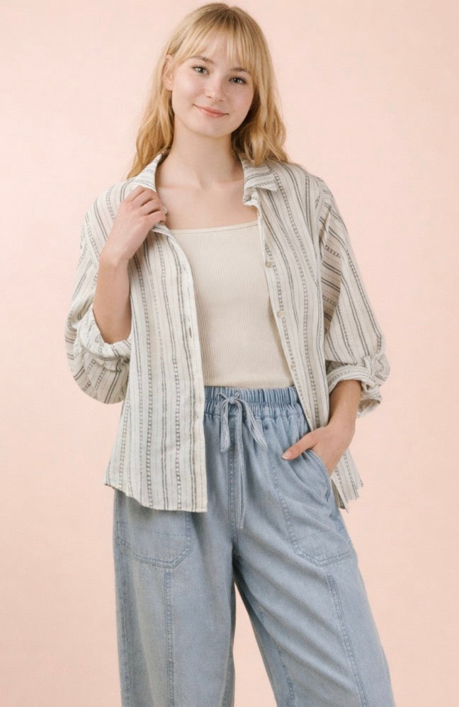 Roll up Half Sleeve Black and White Stripe Blouse Top