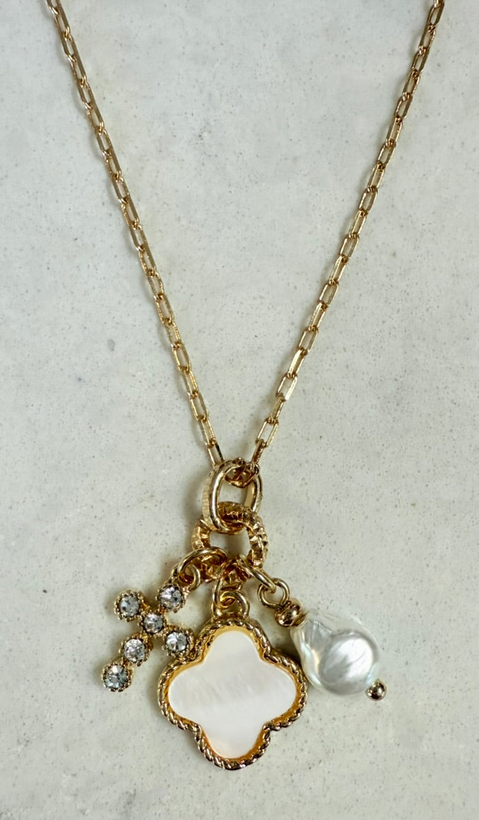 Clover Necklace Accented With A cross and Pearl