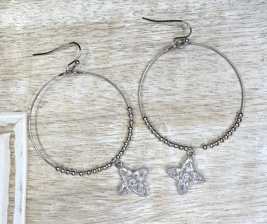 Star Like Dangle Hoop Silver Earrings