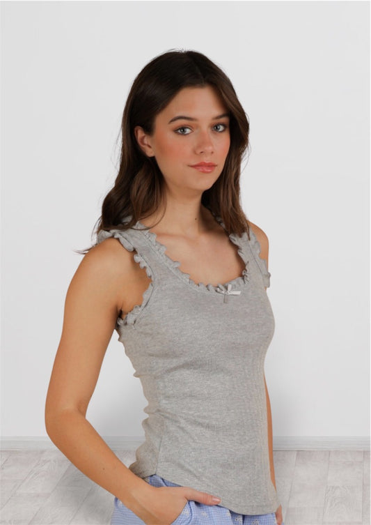 Bow Trim Ruffled Knit Tank Top