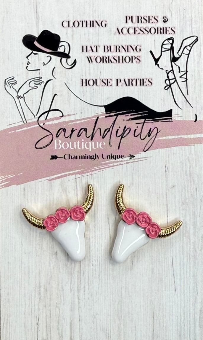 Hypoallergenic Bull with Flower Stud Earrings