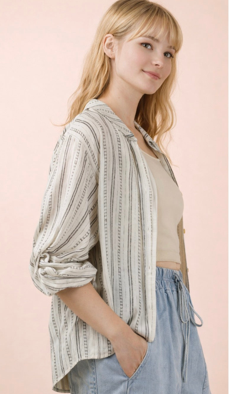 Roll up Half Sleeve Black and White Stripe Blouse Top