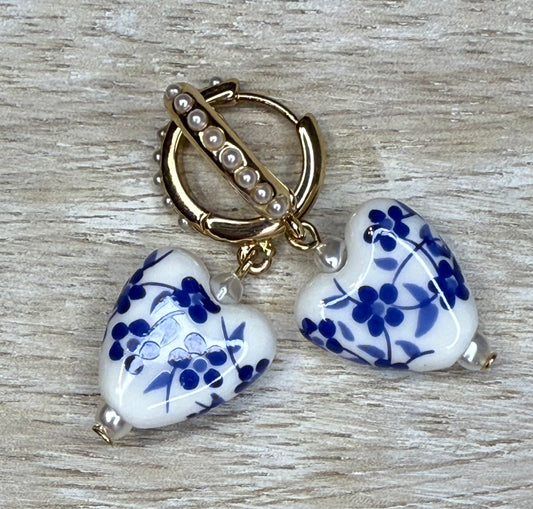 Blue and White Ceramic Heart Shaped Charm Gold Hoop Earrings