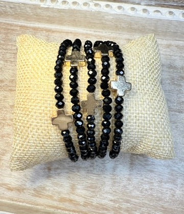 Black Stretchy Bracelet Set with Gold Crosses