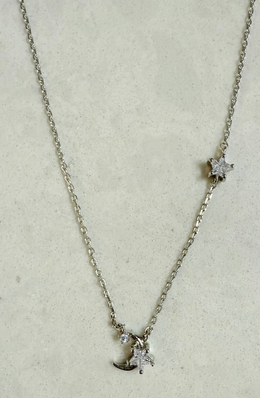 Moon and Star Silver Toned Necklace