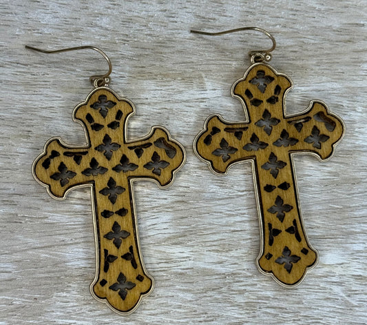 Wooden Cross Gold Dangle Earrings