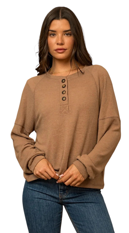 Mocha Soft Front Button Long Sleeve Top