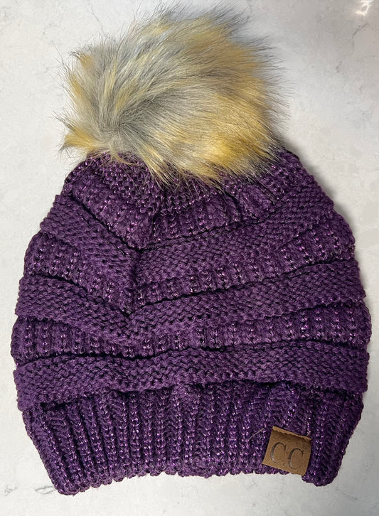 Metalic Purple Pom Pom Beanie