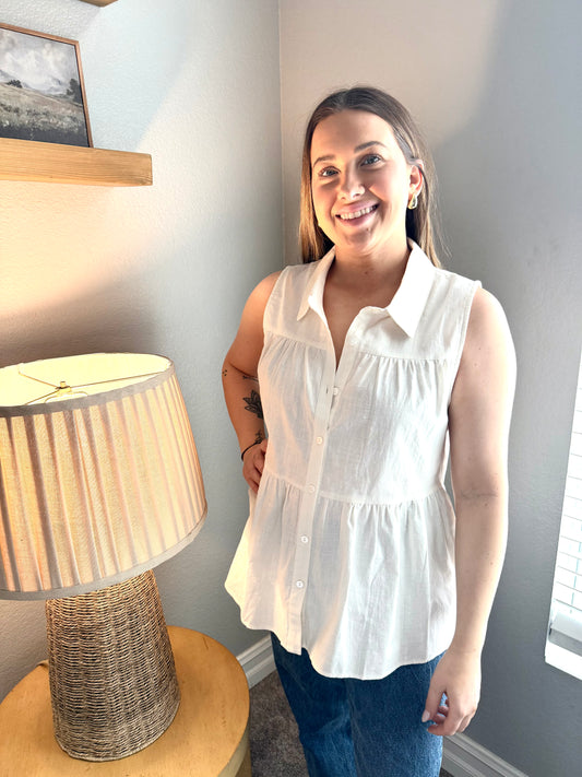 Peplum Sleeveless White Button Up Shirt